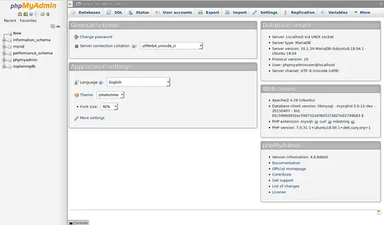 phpMyAdmin dashboard
