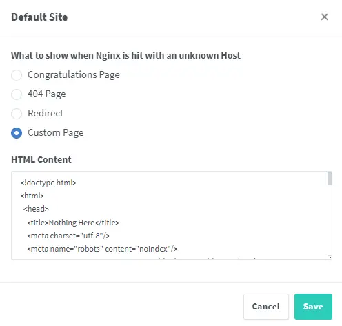 Nginx Proxy Manager Default Site Settings