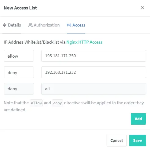 Nginx Proxy Manager IP Access Tab