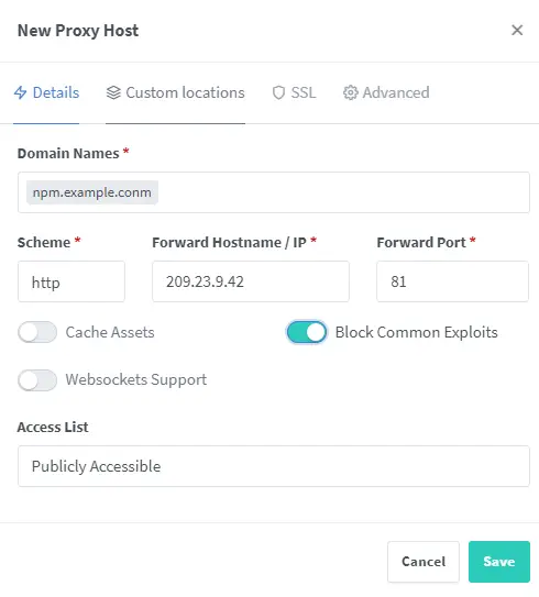 Nginx Proxy Manager New Proxy Host Screen