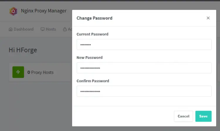 Nginx Proxy Manager Set Password popup