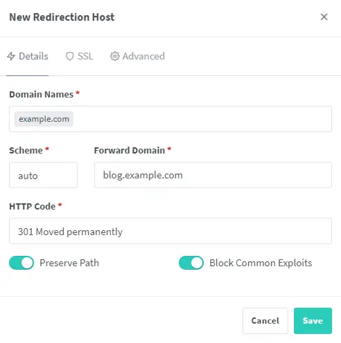 Nginx Proxy Manager Redirection Host