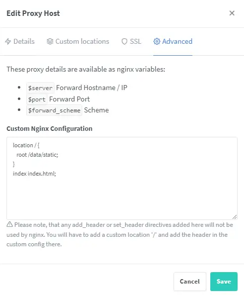 Nginx Proxy Manager Static Site Advanced Configuration