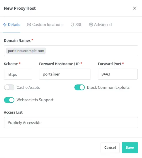 Add Portainer as Proxy Host
