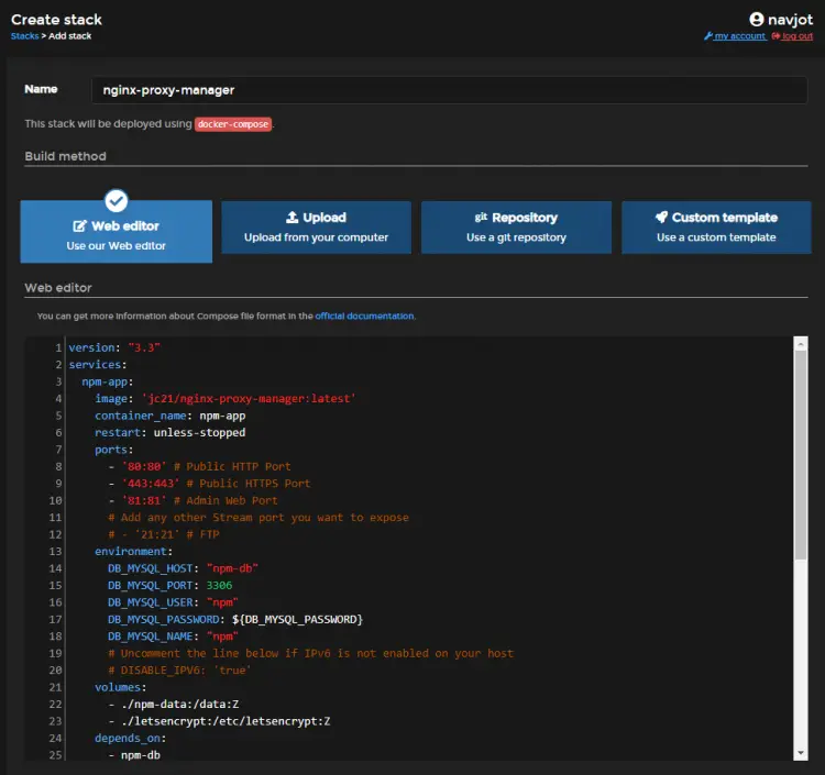 Portainer Add Stack Page