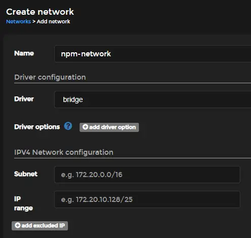 Portainer Create Network Page