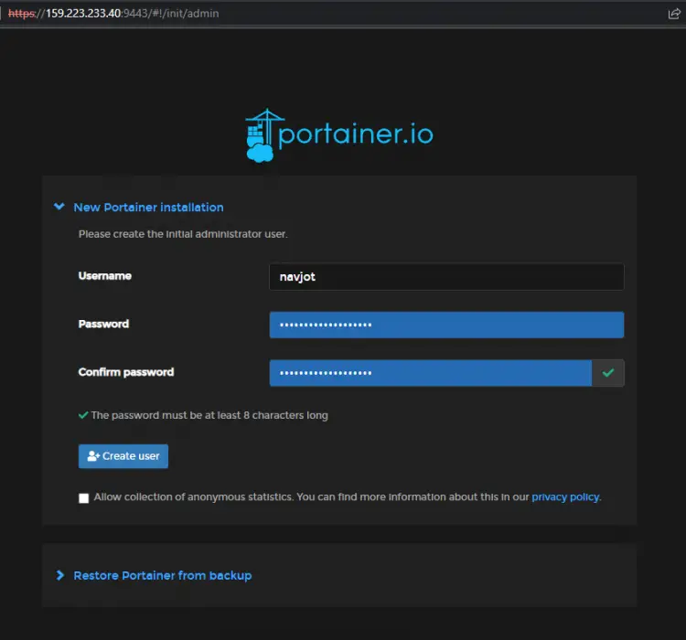 Portainer Installation Screen