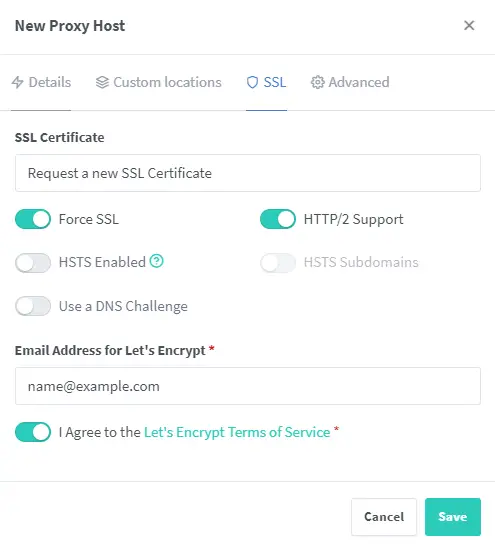 Portainer NPM SSL options