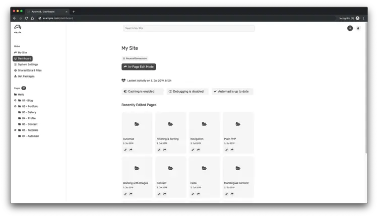 Automad admin dashboard