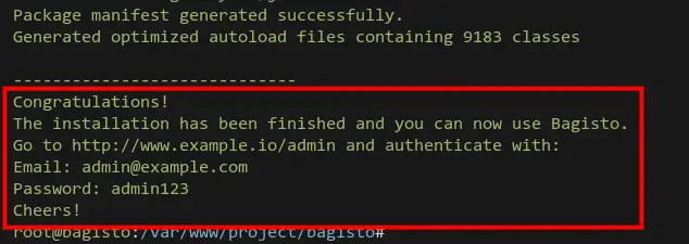 Bagisto installation success