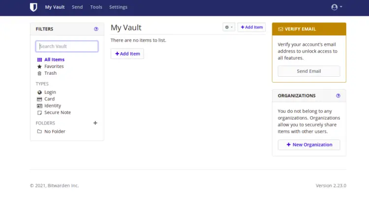 Bitwarden dashboard