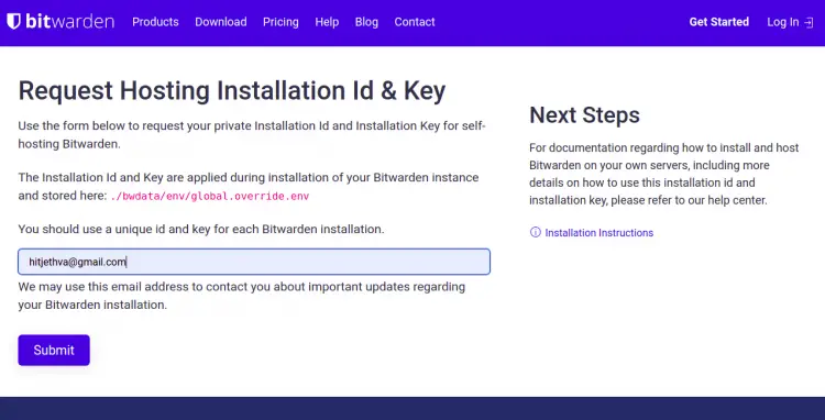 Hosting installation key