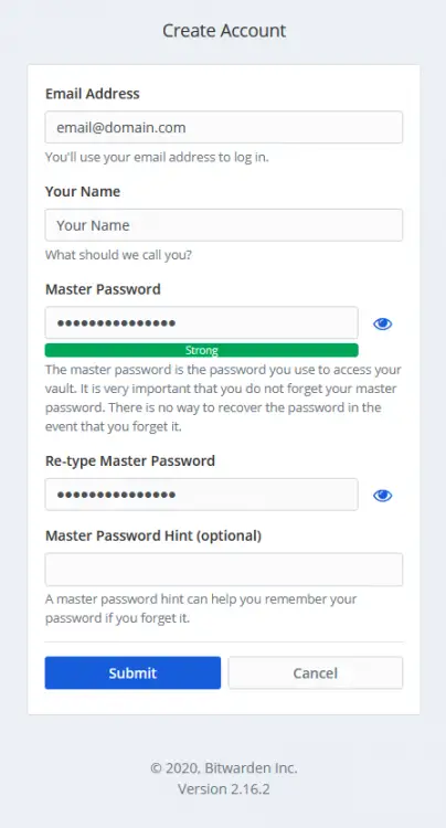 Bitwarden Registration Screen