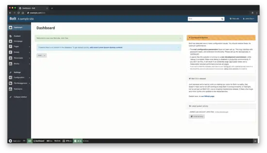 Bolt CMS dashboard