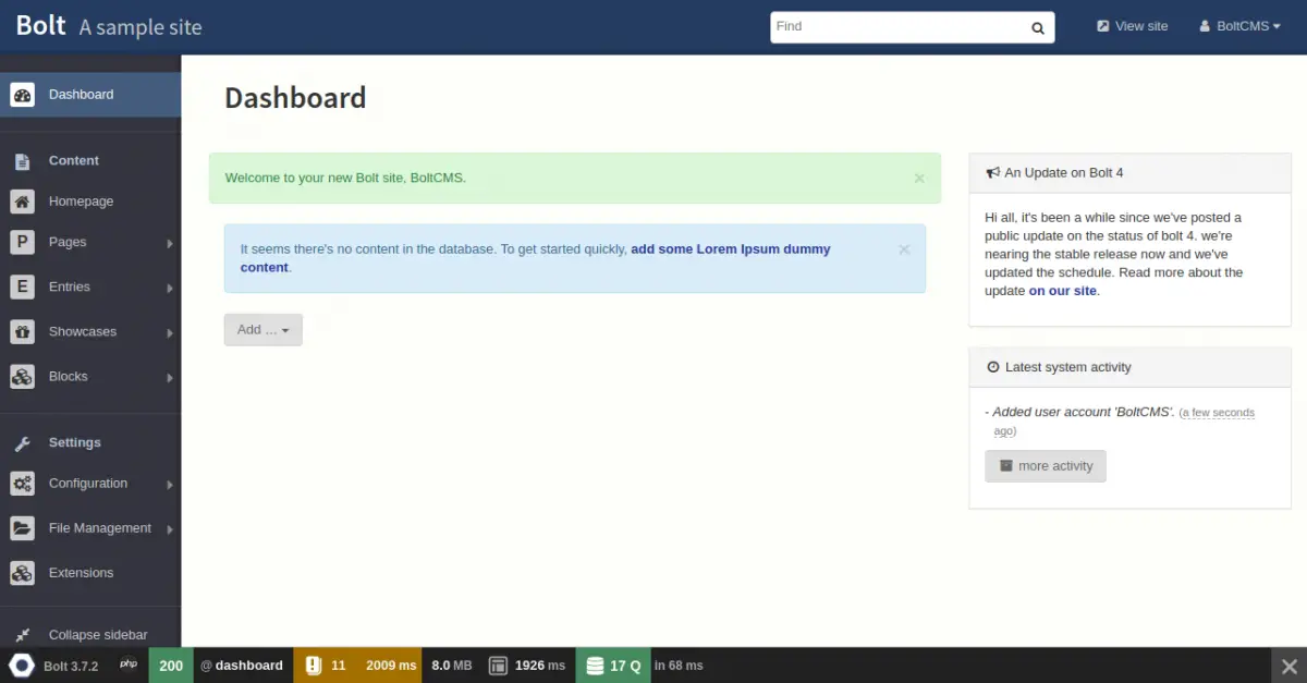 Bolt CMS Dashboard