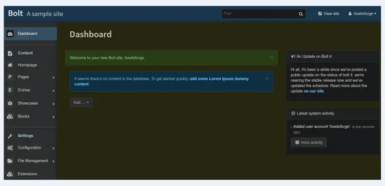 Bolt CMS dashboard