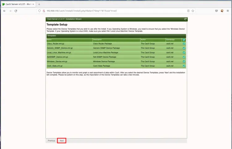Cacti template configuration