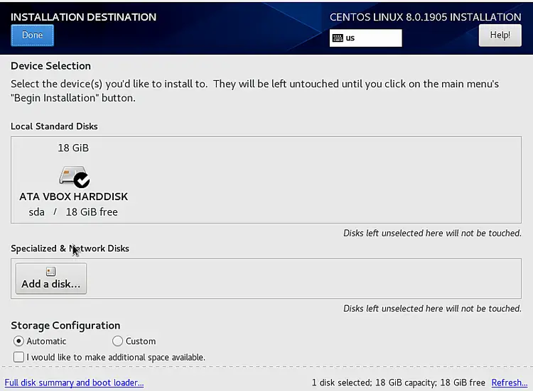 Choose hard drive to install CentOS 8 on
