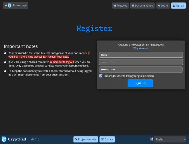 Cryptpad Sign up Page