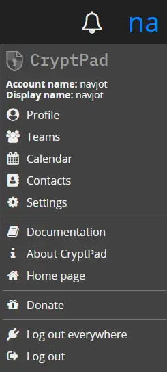 CryptPad Drop-down User menu