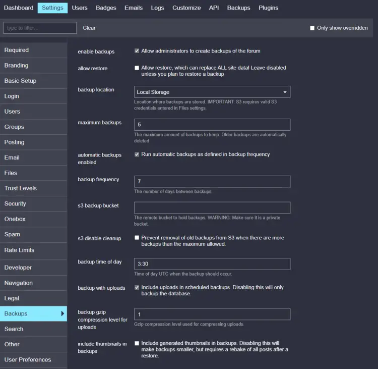 Discourse Backups Settings