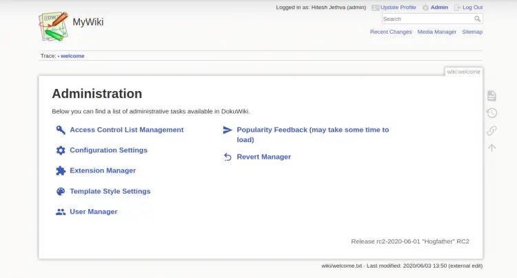 DokuWiki admin dashboard