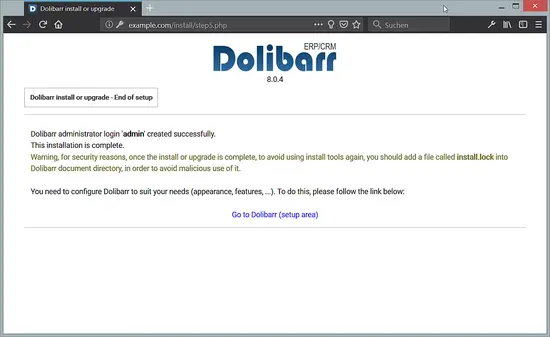 Dolibarr superadmin user created successfully