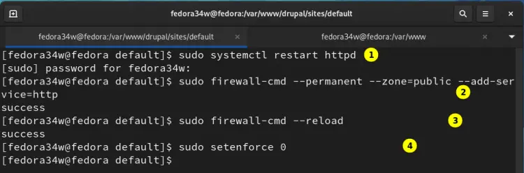 restart apache, configure firewall, disable selinux