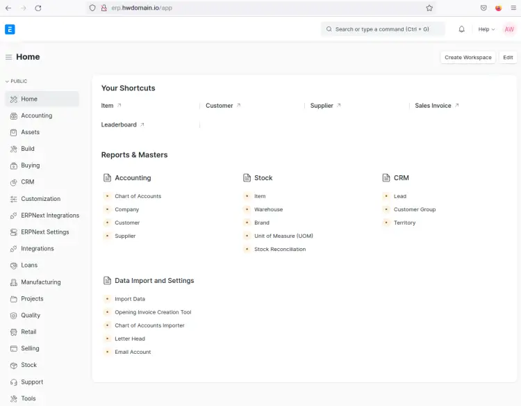 ERPNExt dashboard