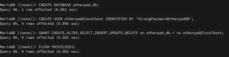 create database and user