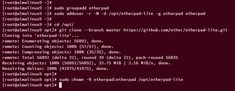 create user and download etherpad source code