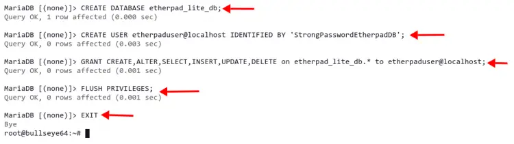 Create new database etherpad