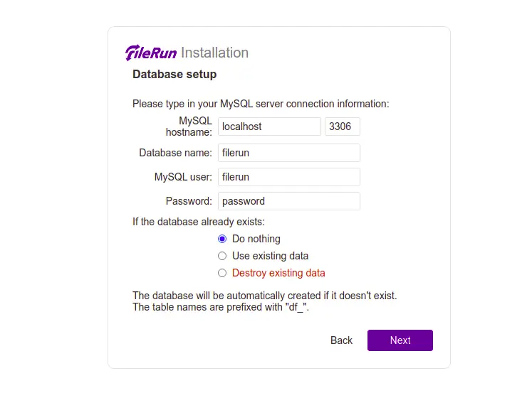 Database setup