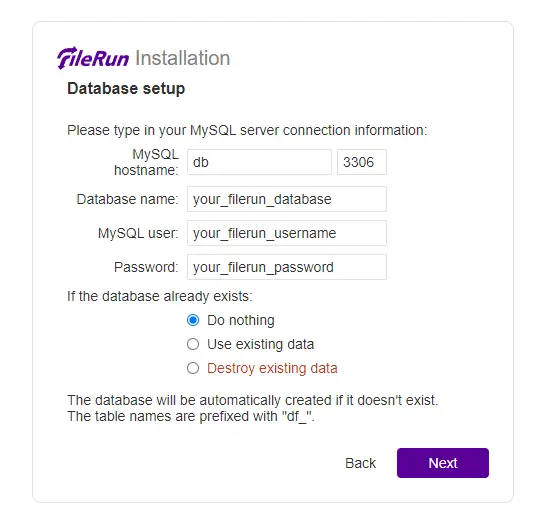 FileRun Database Setup Page