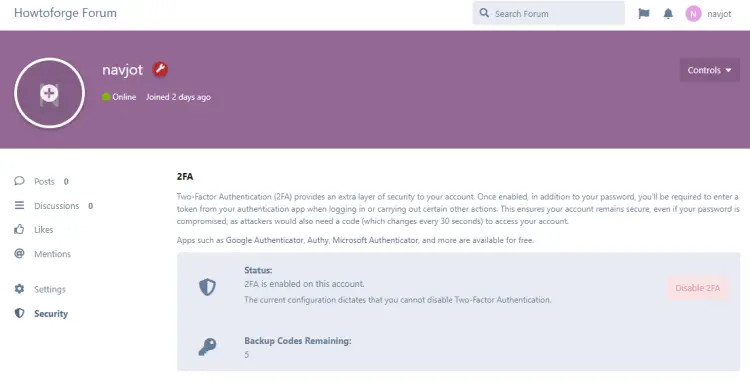 Flarum 2FA Configured page