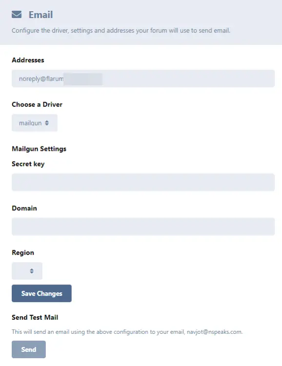 Flarum MailGun Settings