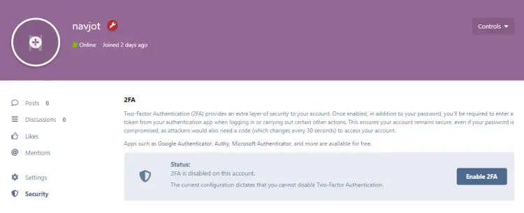 Flarum user 2FA page