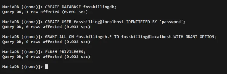 create database user