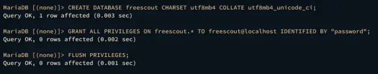 create database and user