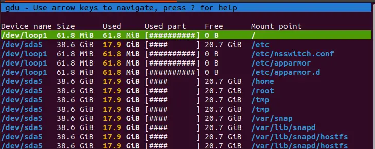 GDU showing utilization for mounted disks