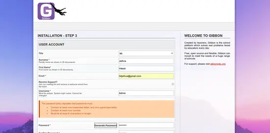 Create user account in Gibbon