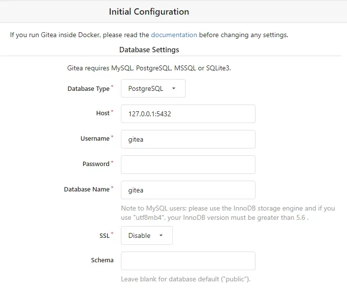 Gitea Installer - Database Settings