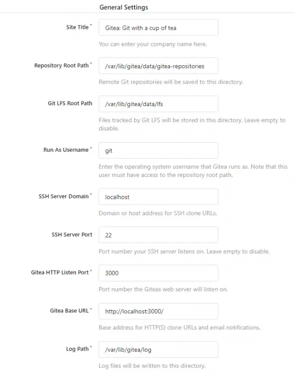 Gitea Installer - General Settings