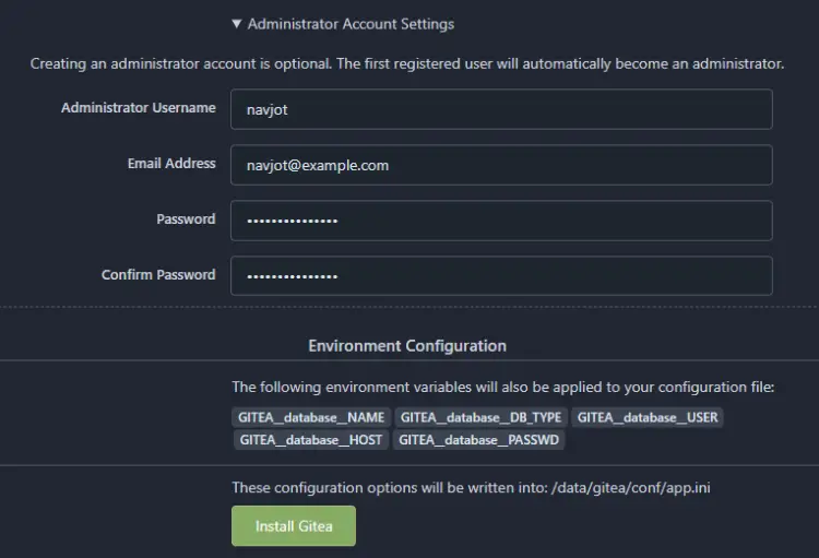 Gitea Administrator Account Settings