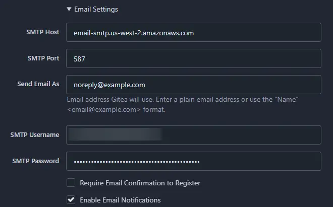 Gitea Email Settings