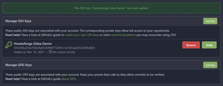 Gitea SSH Keys List