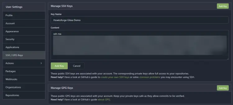 Gitea SSH Key Page