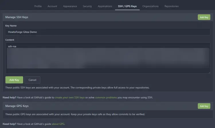 Gitea SSH Key Page