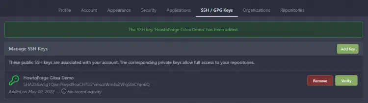 Gitea SSH Keys List