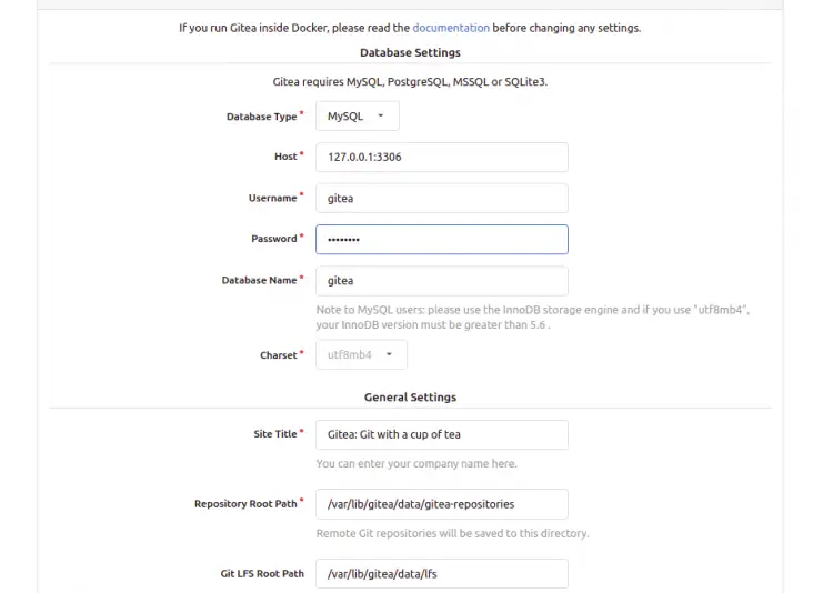 Gitea database details